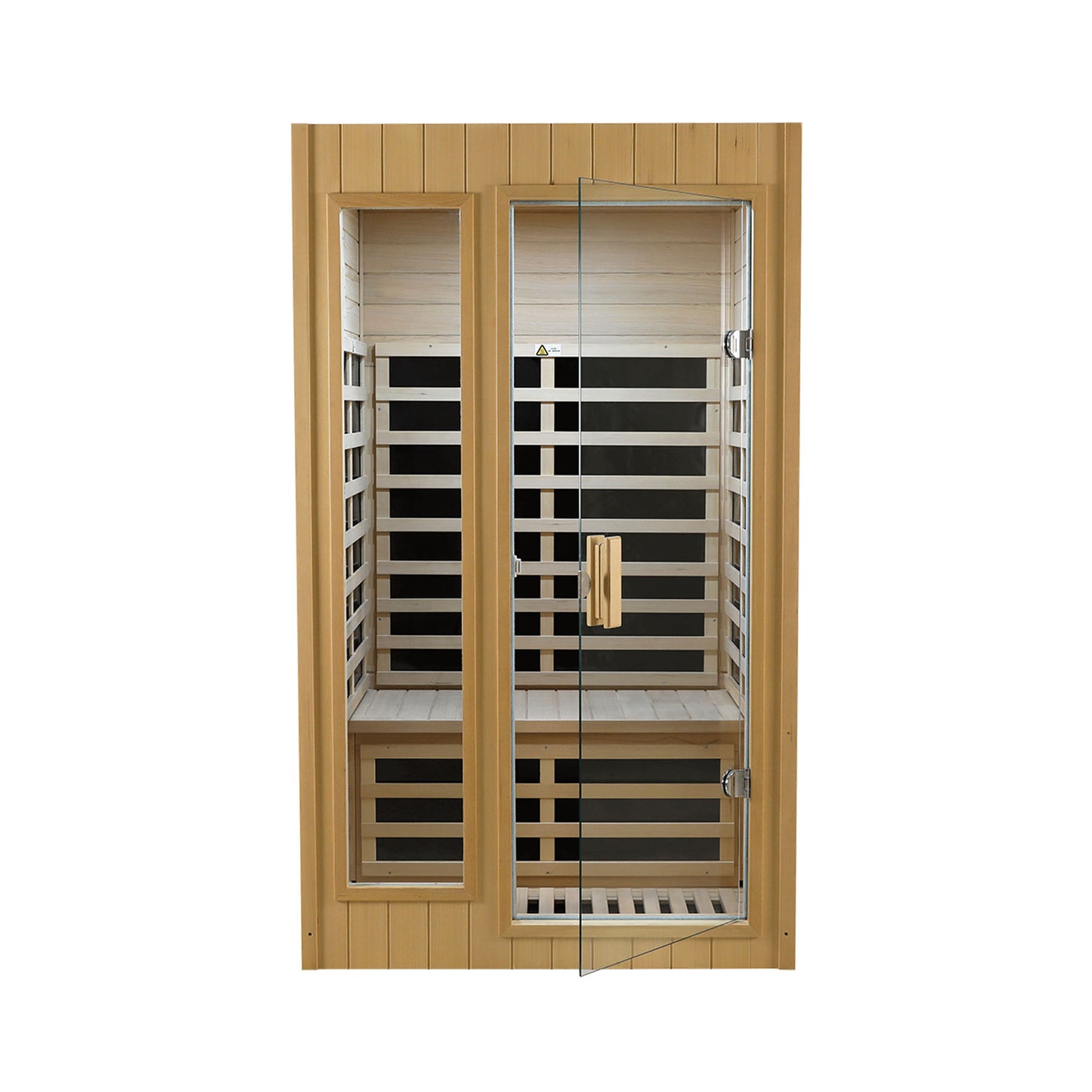 Elegant wooden infrared sauna with glass door and slatted benches