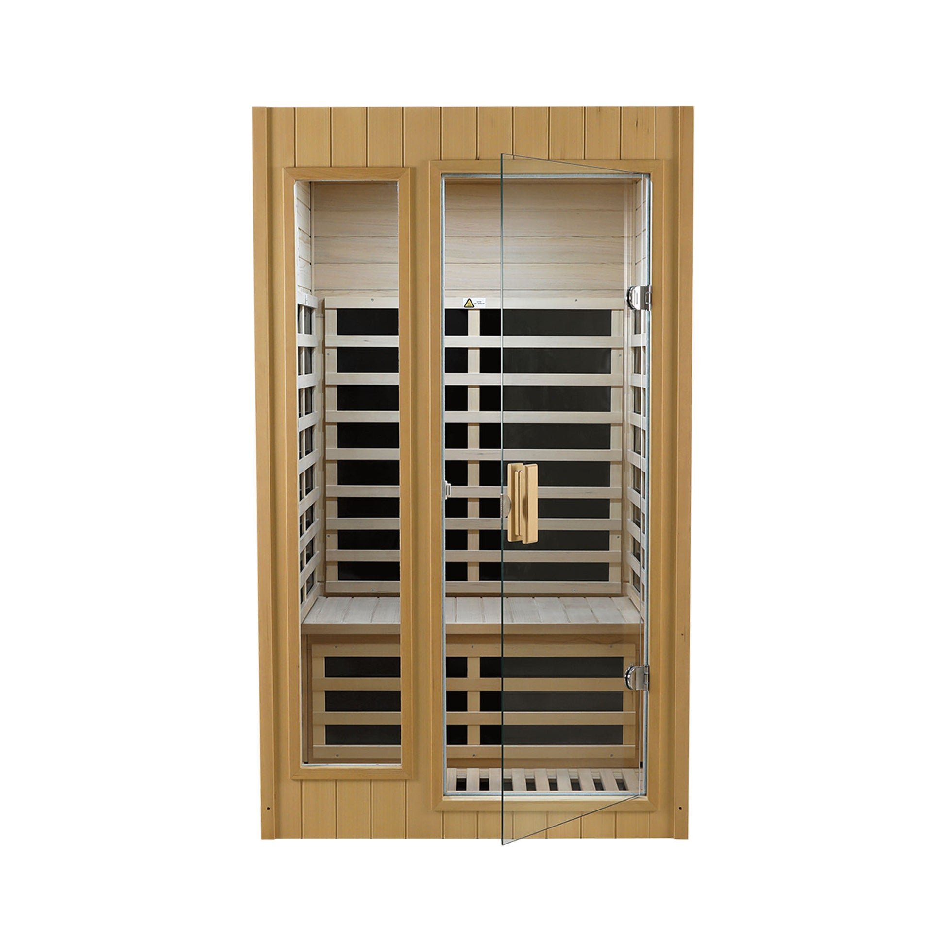 Elegant wooden infrared sauna with glass door and slatted benches