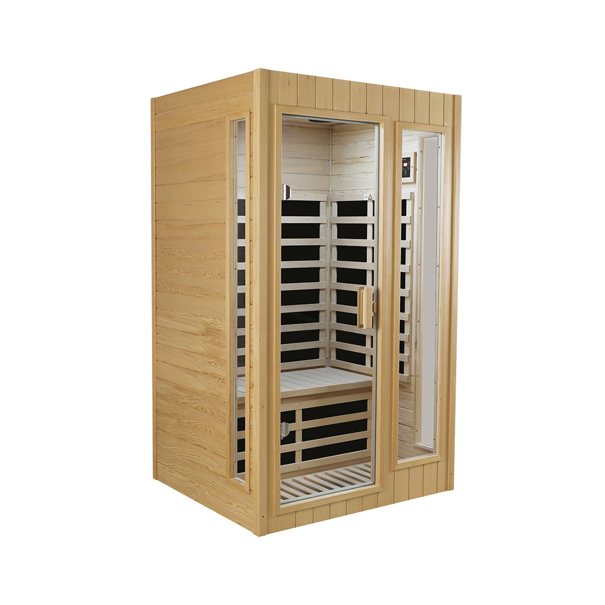 Compact wooden infrared sauna cabin with glass doors for home spa