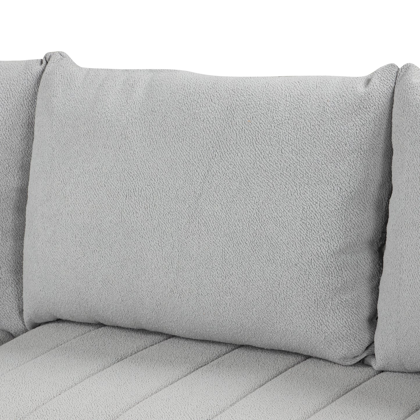 Soft grey textured sofa pillow with plush fabric and channel tufting for comfort