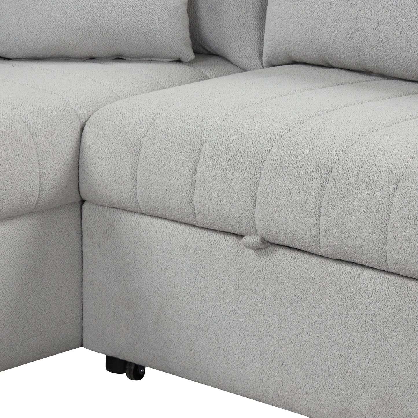Light grey textured fabric sectional sofa with hidden storage compartment