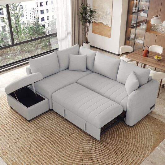 Light grey sectional sofa with storage ottoman and pullout bed ideal for modern living rooms