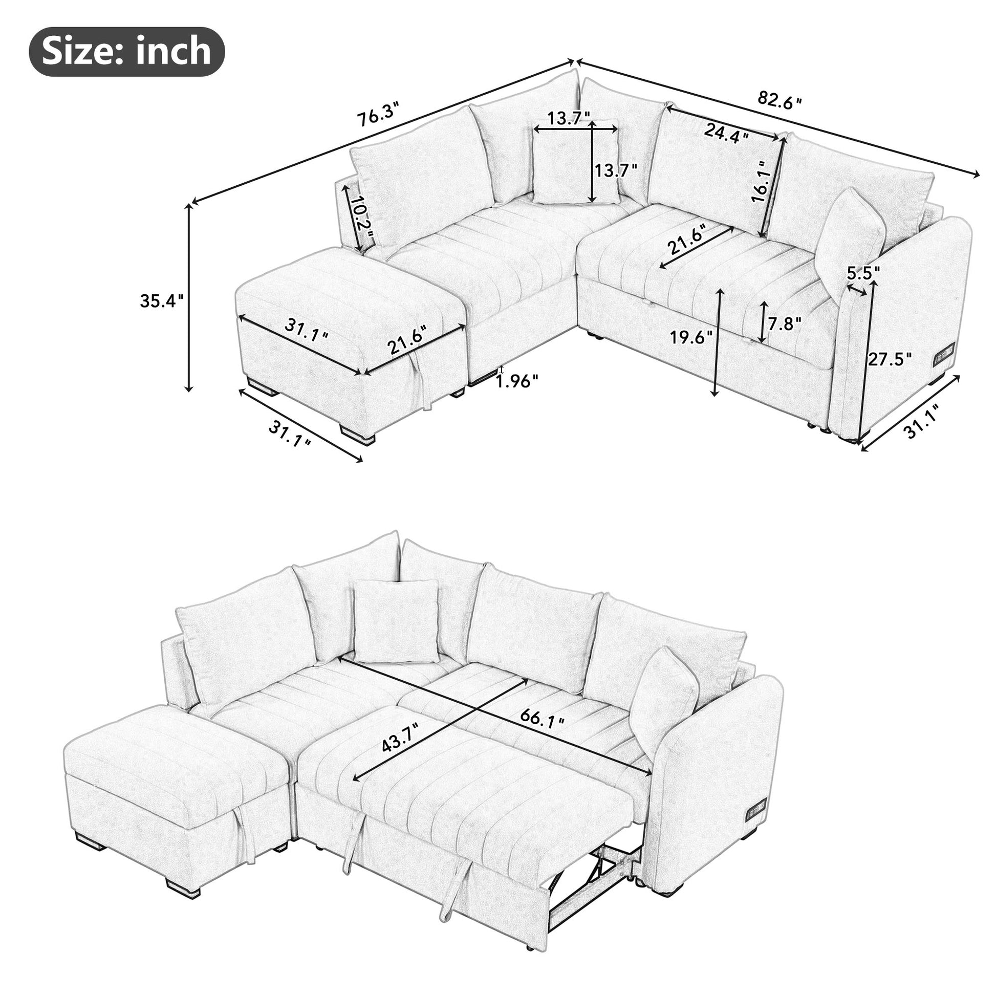Diagram of a sectional sofa with dimensions featuring pullout bed function