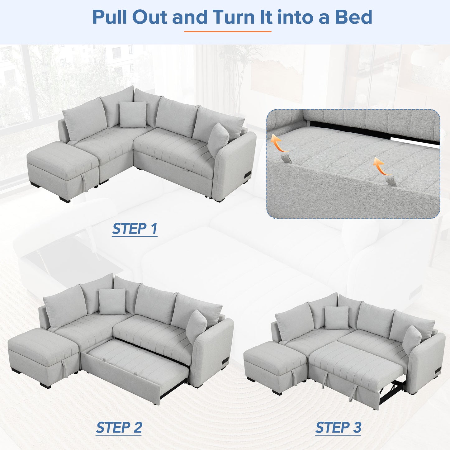 Light gray sectional sofa with chaise featuring pullout bed mechanism