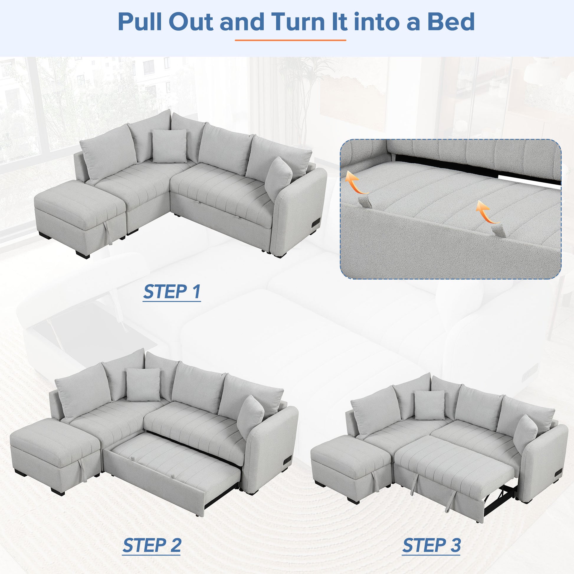 Light gray sectional sofa with chaise featuring pullout bed mechanism
