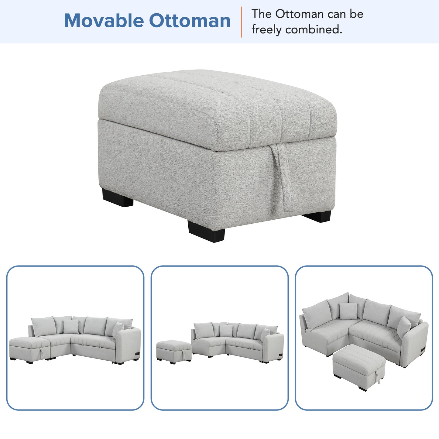 Light gray fabric movable ottoman with quilted top and black legs