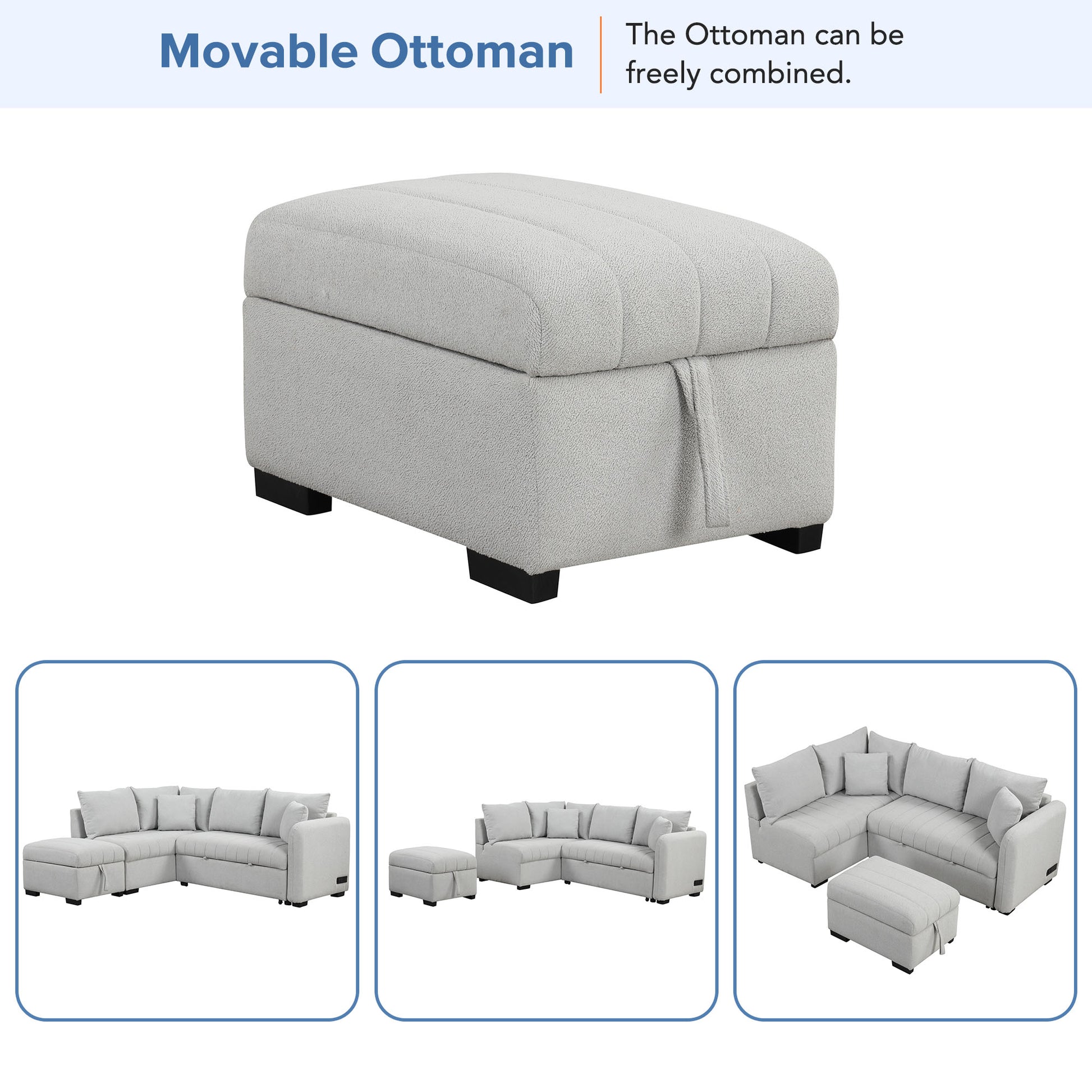 Light gray fabric movable ottoman with quilted top and black legs