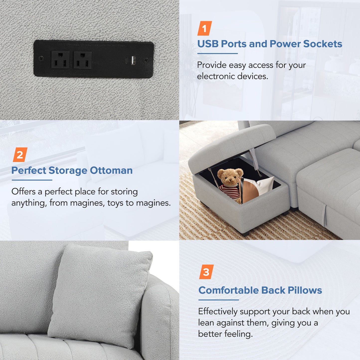 Black power strip with two AC outlets and one USB port on textured fabric