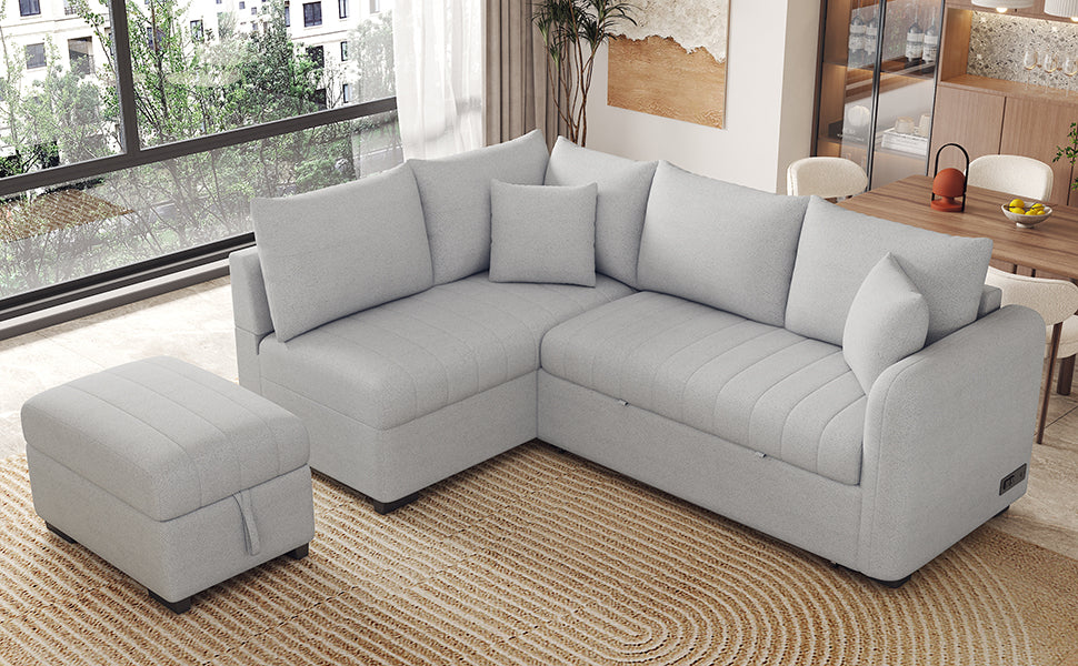 Light grey sectional sofa with matching storage ottoman plush cushions and contemporary design