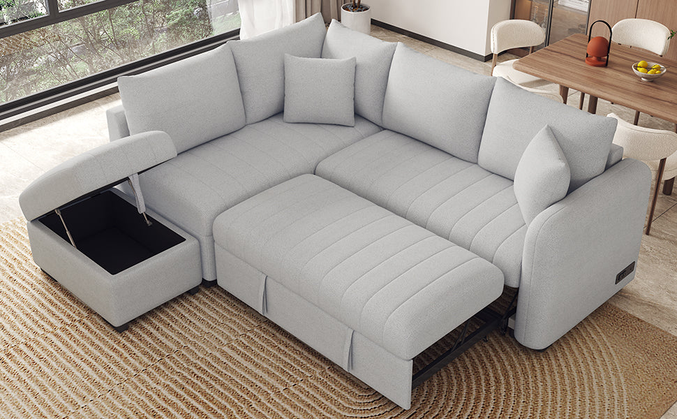 Light grey sectional sofa with chaise and hidden storage ottoman perfect for modern living rooms
