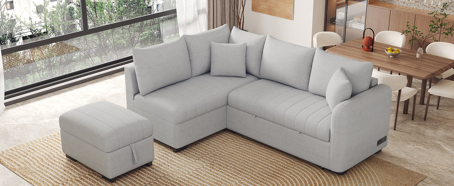 Light grey upholstered sectional sofa with plush cushions and matching ottoman ideal for living rooms