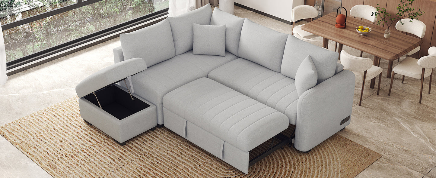 Light grey sectional sofa with storage ottoman and pullout bed modern living room furniture