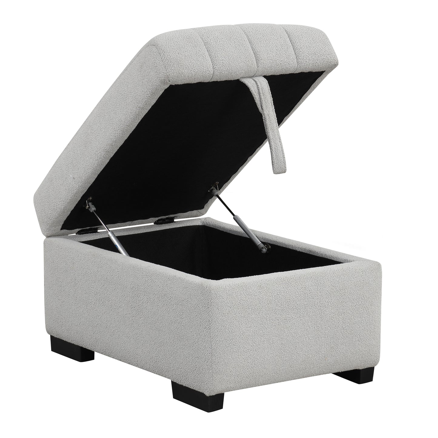 Light gray boucle storage ottoman with lid open showcasing black interior and hydraulic lift