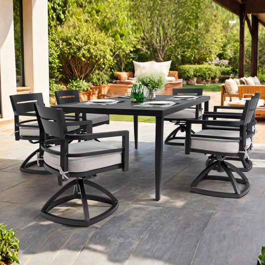 Black metal dining set with swivel chairs featuring grey cushions for outdoor entertaining