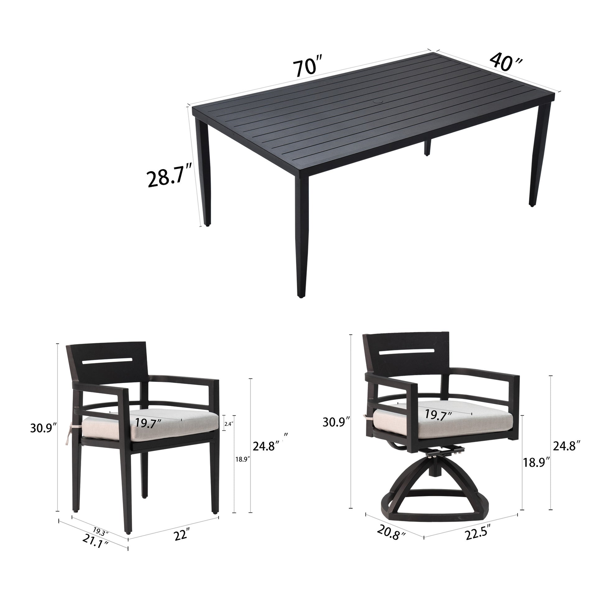 Dark gray metal dining table with slatted top  L x  W x  H