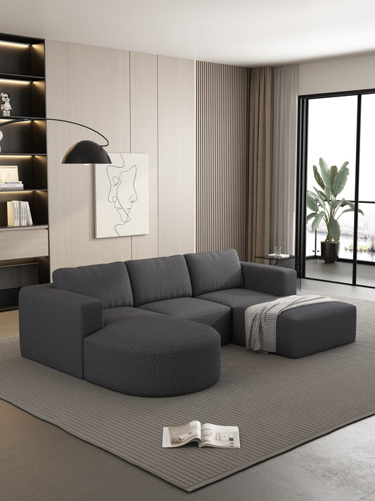 Dark grey boucl fabric sectional sofa with ottoman perfect for living rooms