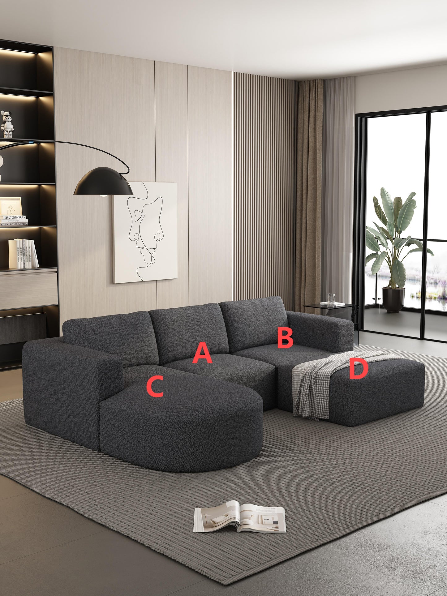 Dark grey boucle fabric sectional sofa with chaise lounge and ottoman modern design