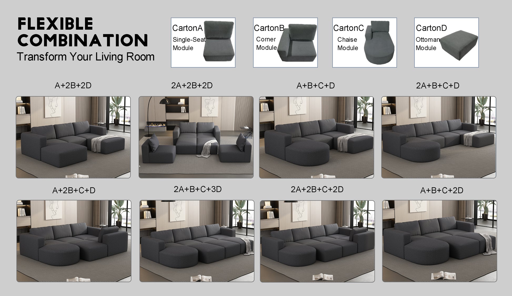 Dark grey sectional sofa with ottoman and chaise modules for flexible living room arrangement