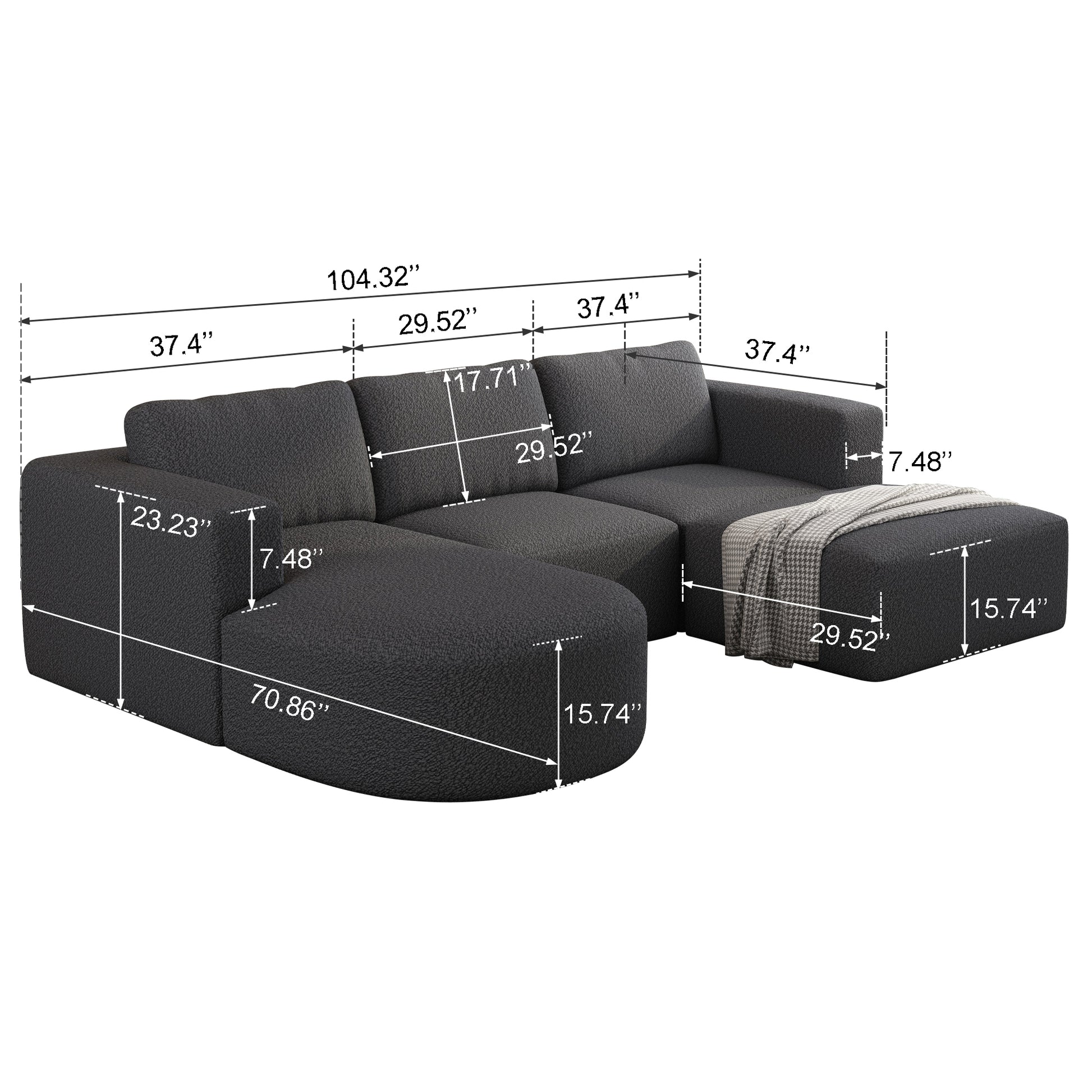 Dark grey textured sectional sofa with chaise lounge featuring detailed dimensions for size