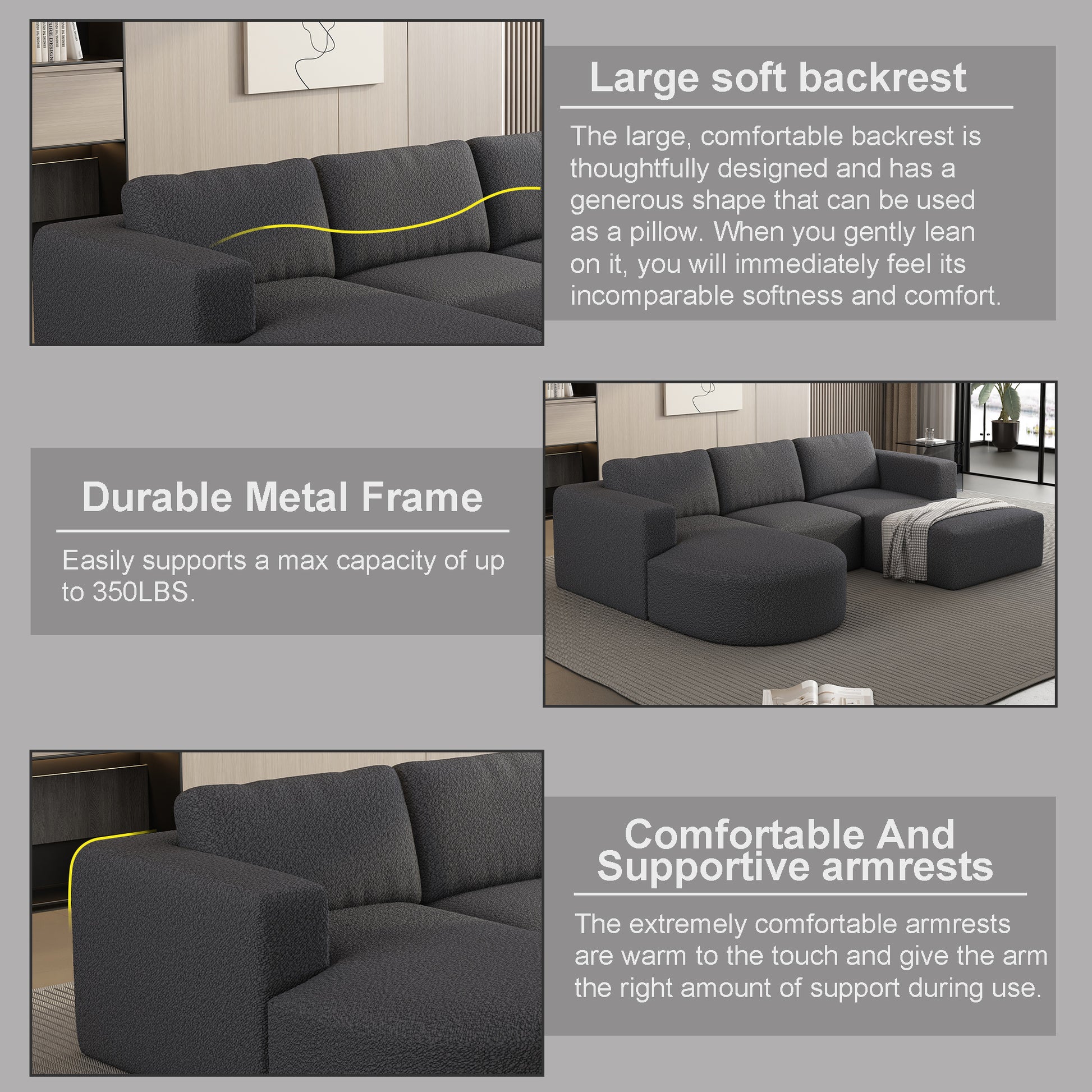 Dark grey sectional sofa with plush fabric and comfortable cushions ideal for modern living rooms