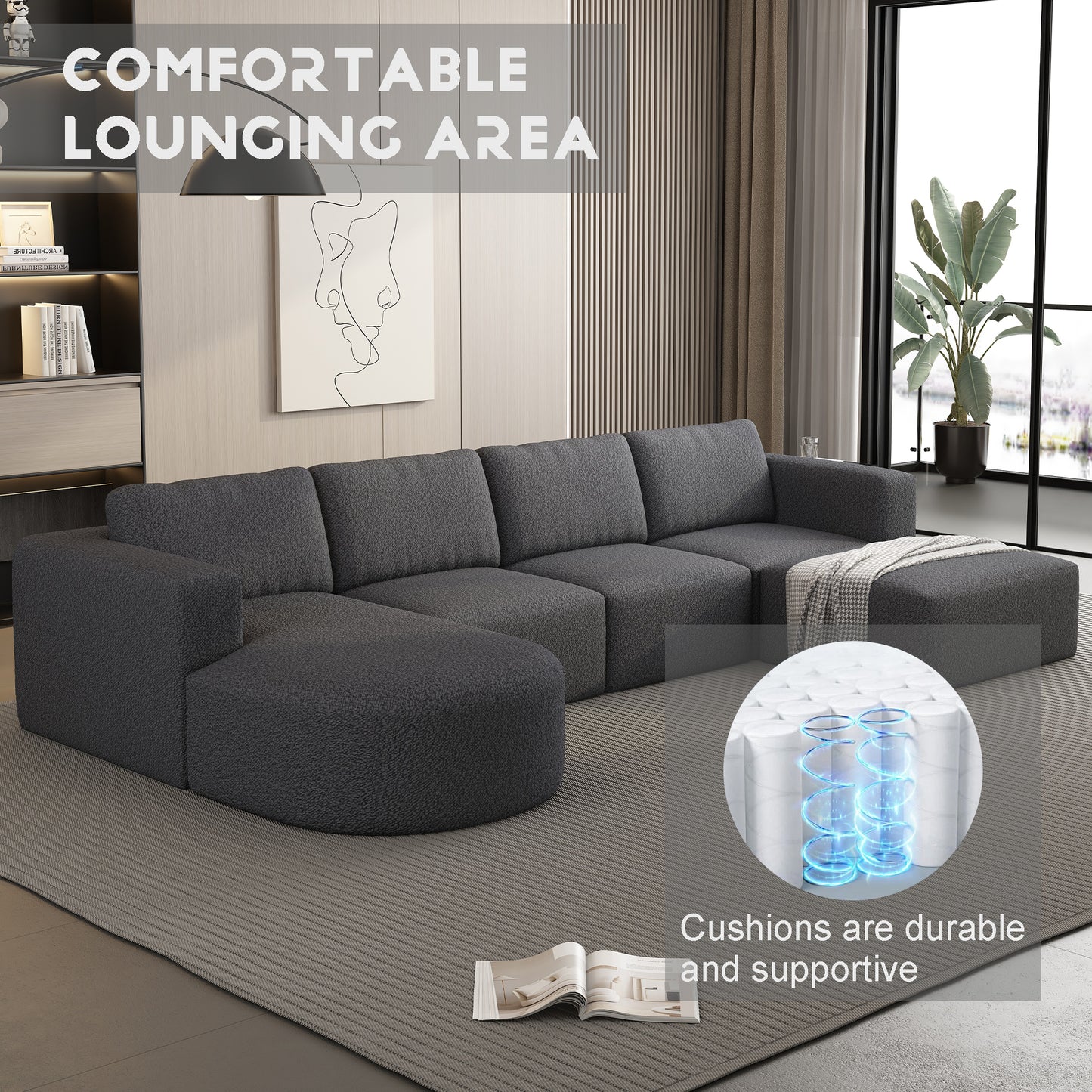 Dark gray boucle fabric sectional sofa with a chaise and ottoman in a modern living room