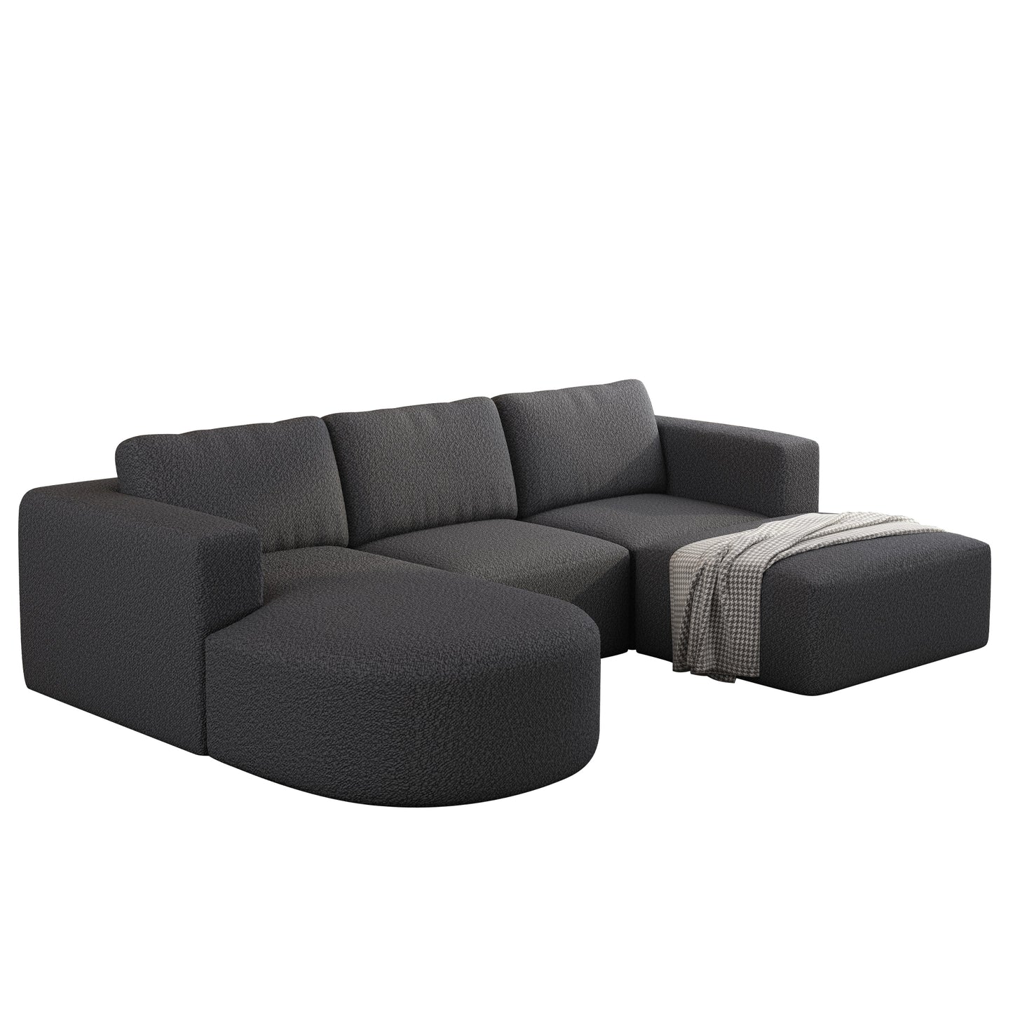 Modern charcoal boucle modular sectional sofa with chaise lounge and ottoman