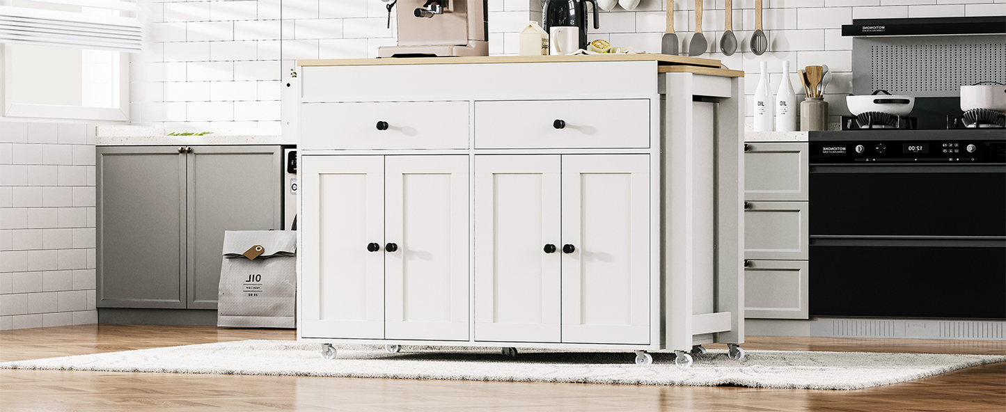 White kitchen island cart with wooden top and two drawers