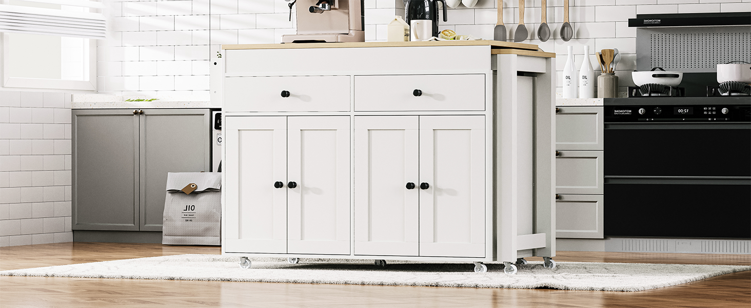 White kitchen island cart with wooden top and two drawers