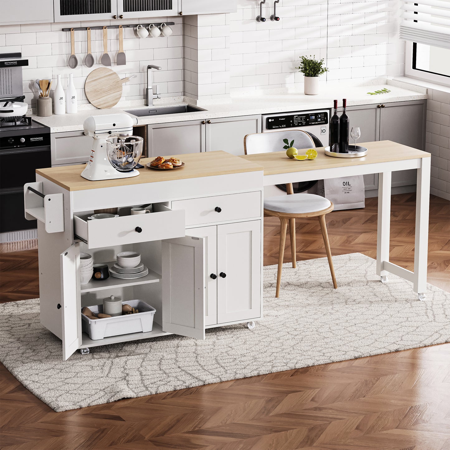 White kitchen island with butcher block top drawers and cabinets for organized kitchen storage
