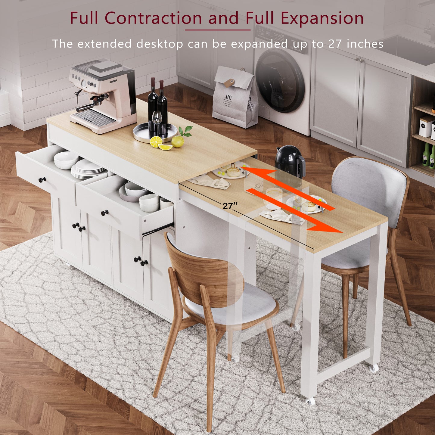 White kitchen island with pullout table drawers and storage cabinets perfect for small kitchens