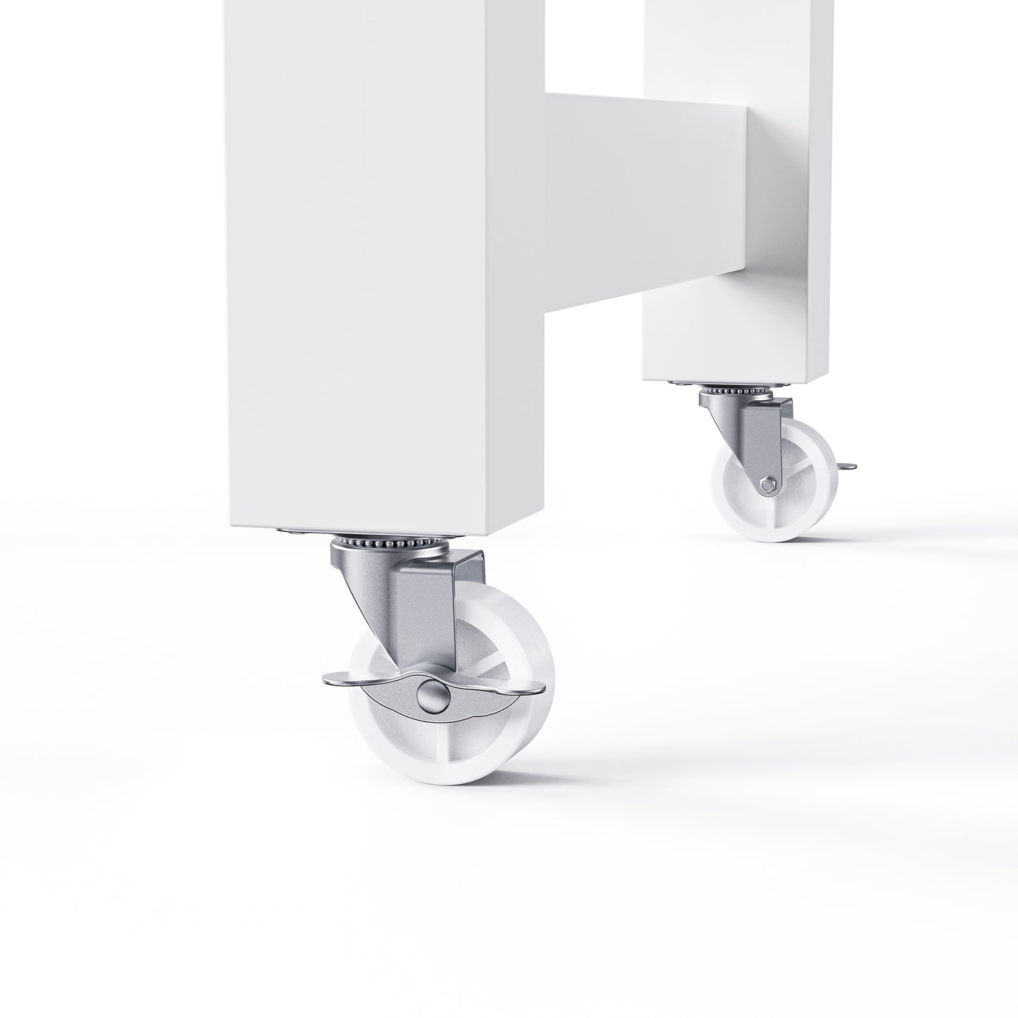 White swivel caster with silver bracket attaches to furniture legs