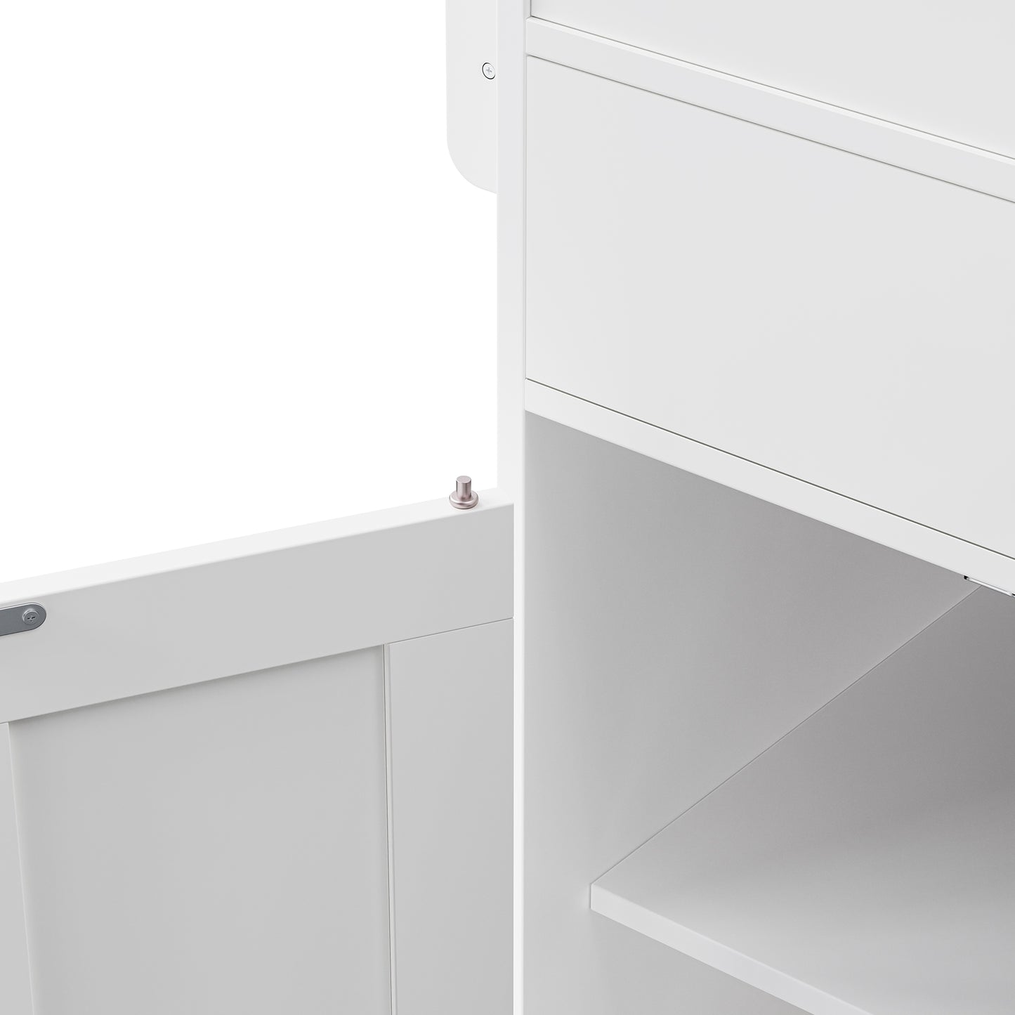 White modern cabinet hinge detail with brushed metal accent