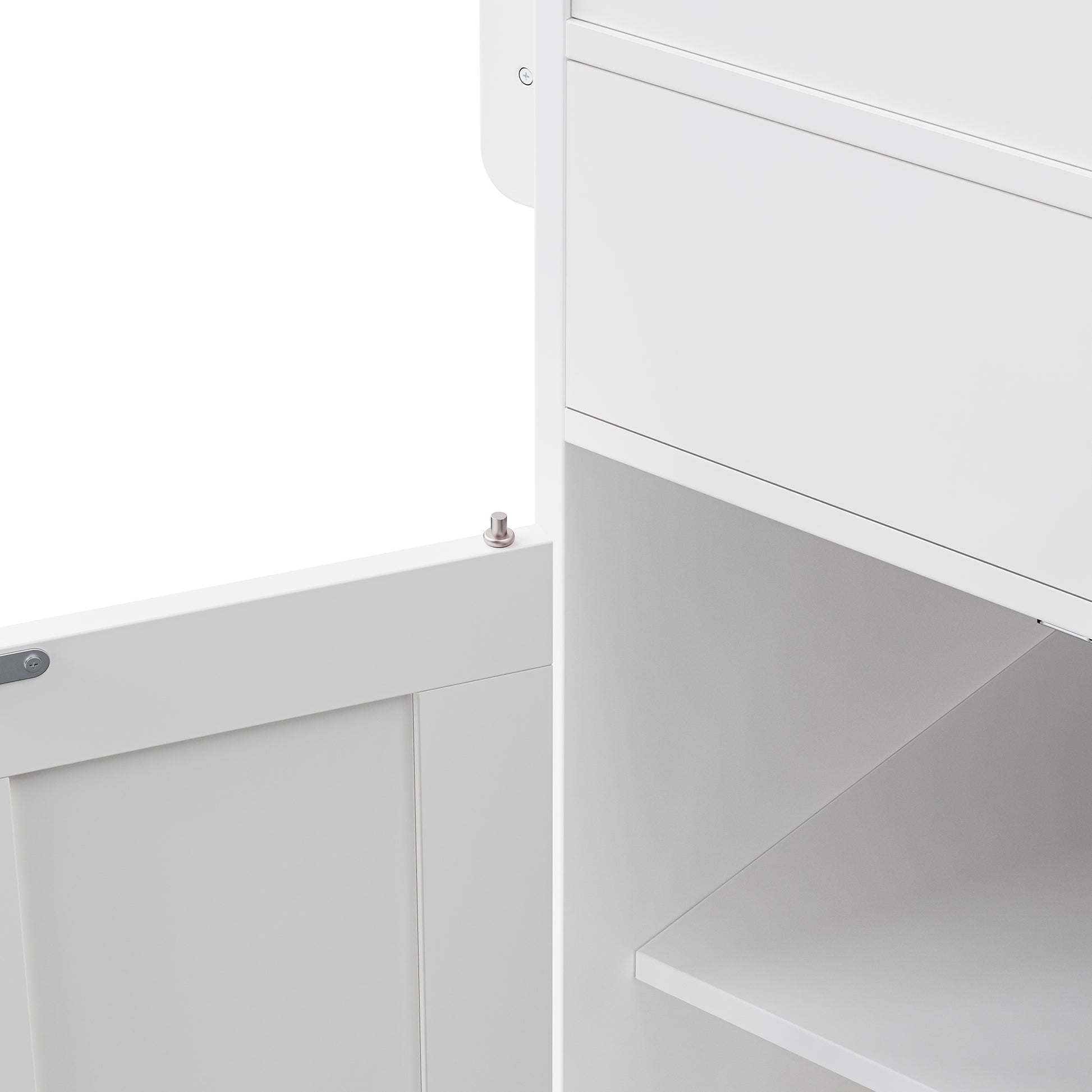 White modern cabinet hinge detail with brushed metal accent