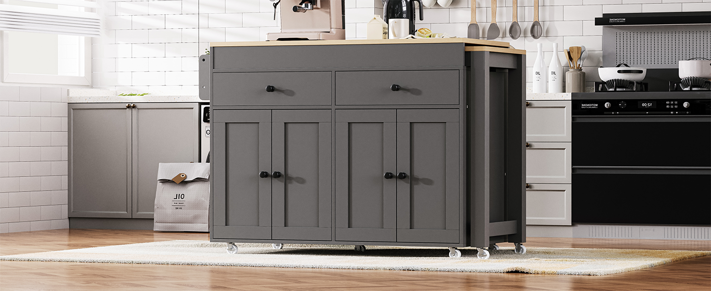 Gray kitchen island cart with wooden countertop and casters ample storage space