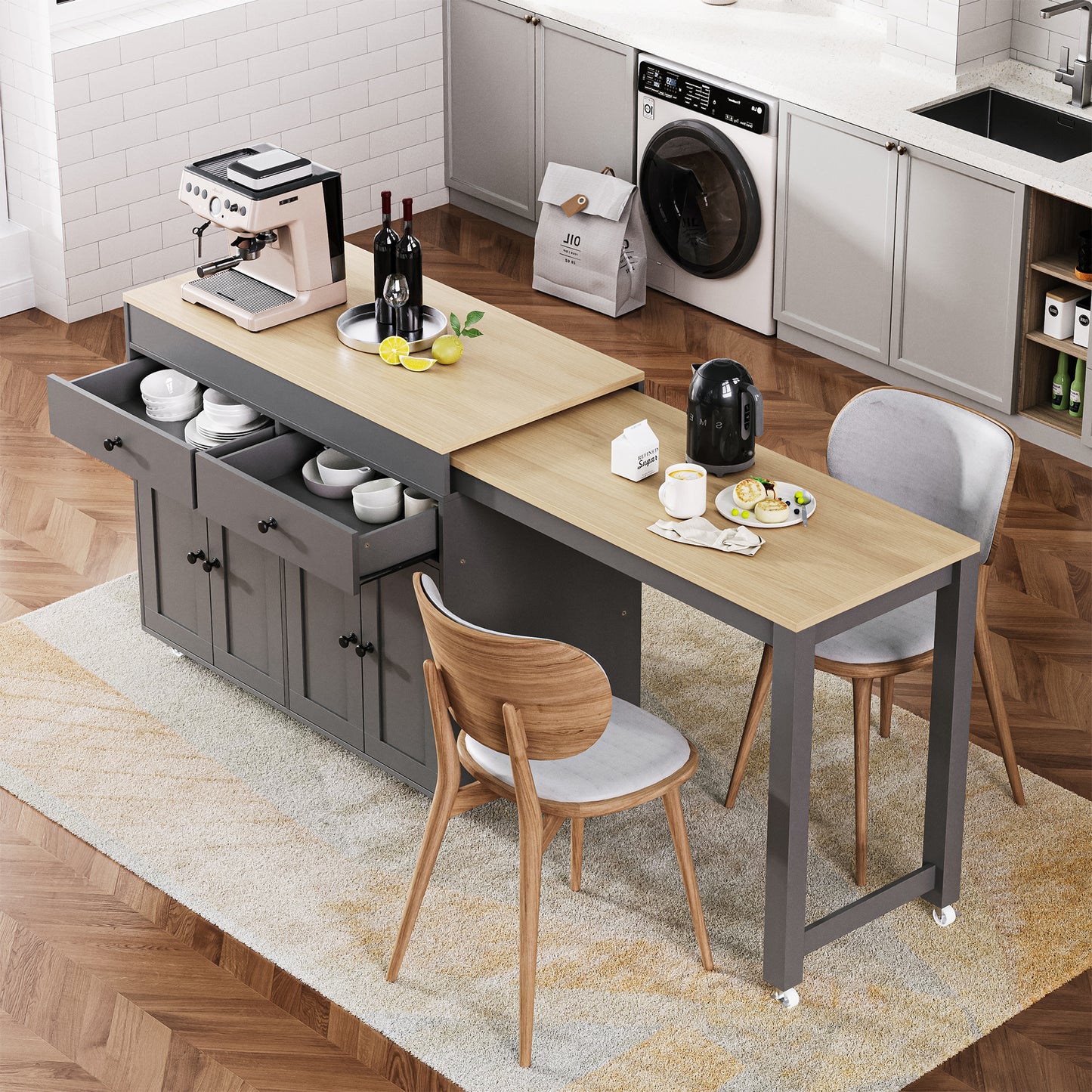 Modern beige espresso machine on kitchen island with wine bottles