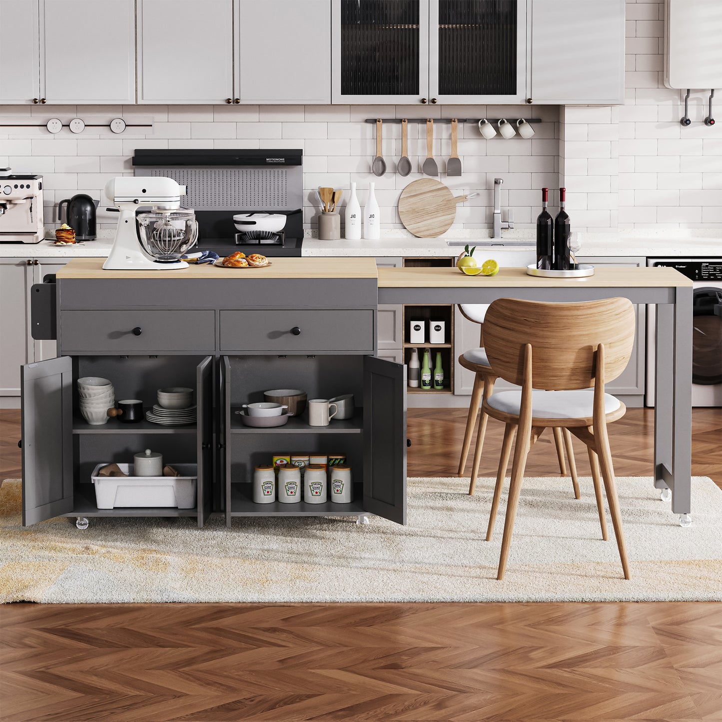 Modern grey kitchen island cart with wood top drawers and cabinets featuring rolling wheels