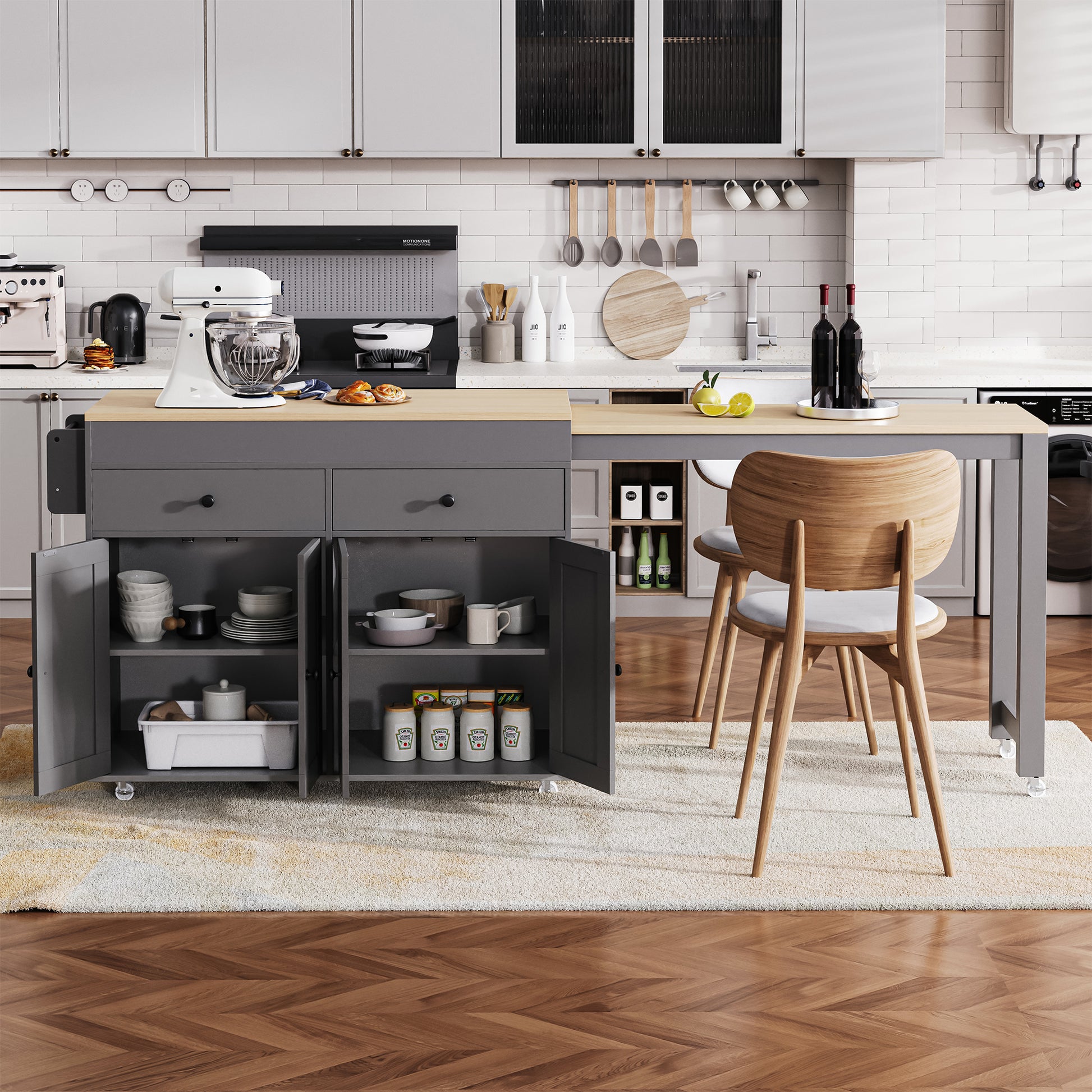 Modern grey kitchen island cart with wood top drawers and cabinets featuring rolling wheels
