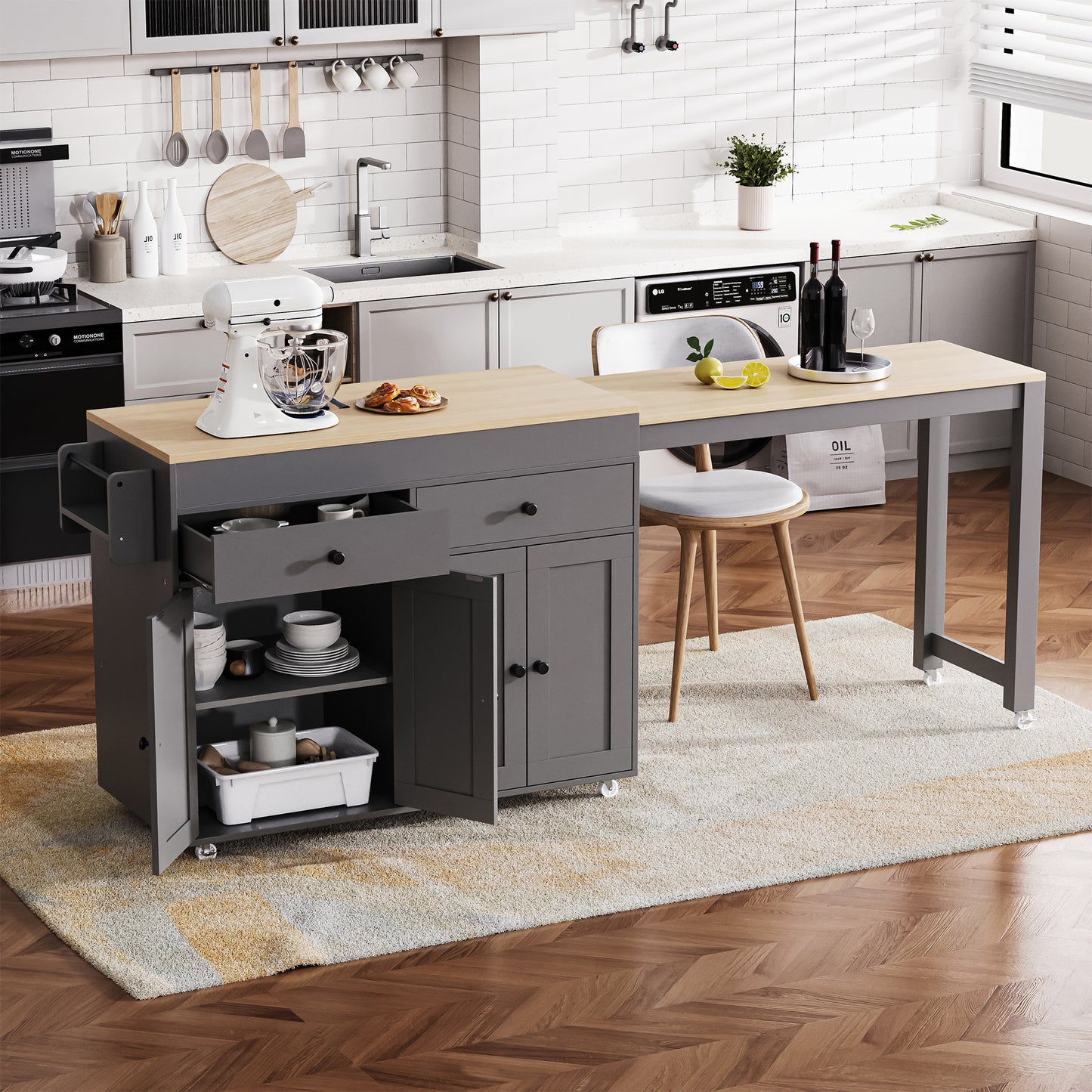 Modern gray kitchen island with butcher block top offering ample storage and prep space