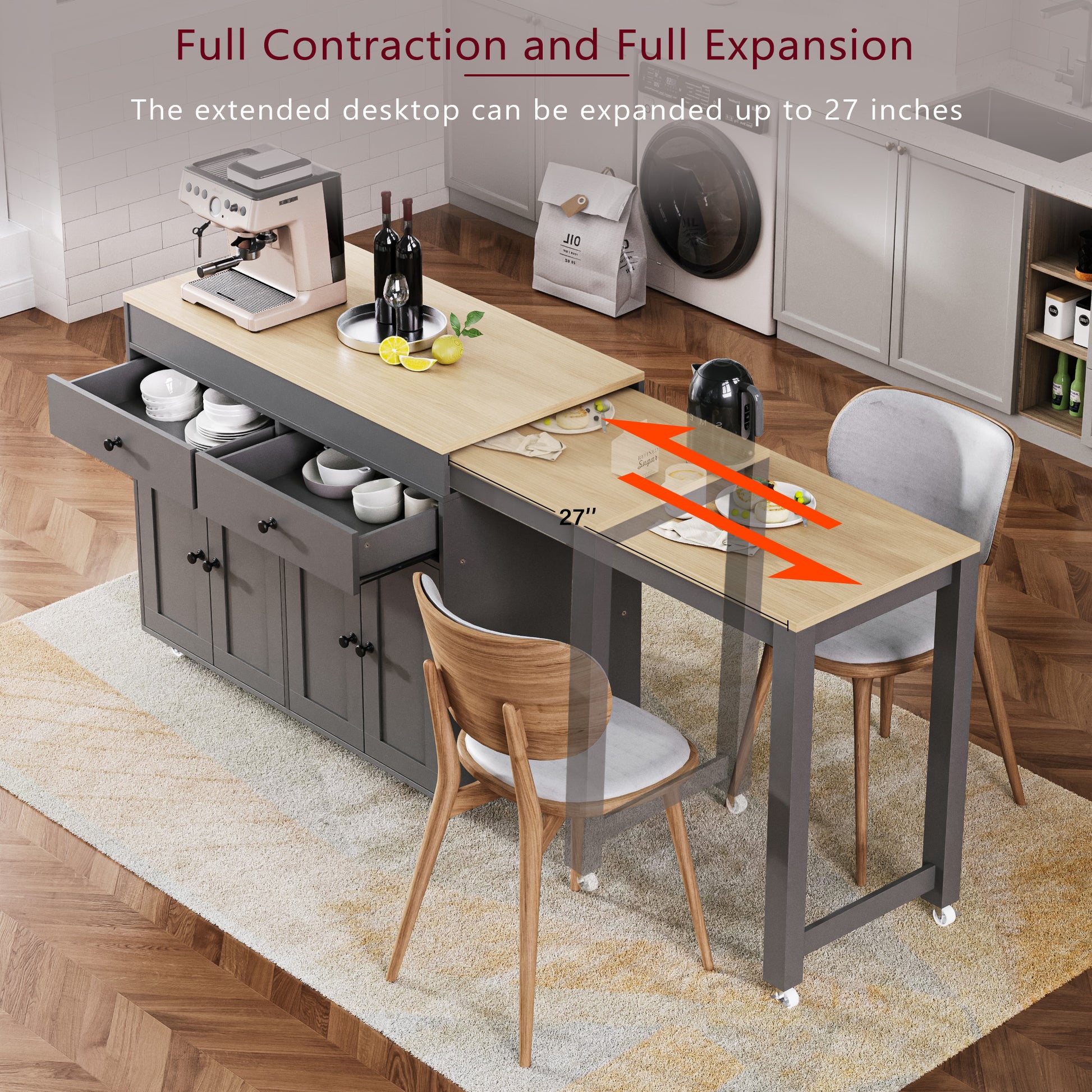 Expandable kitchen island with grey cabinets light wood countertop and pullout table