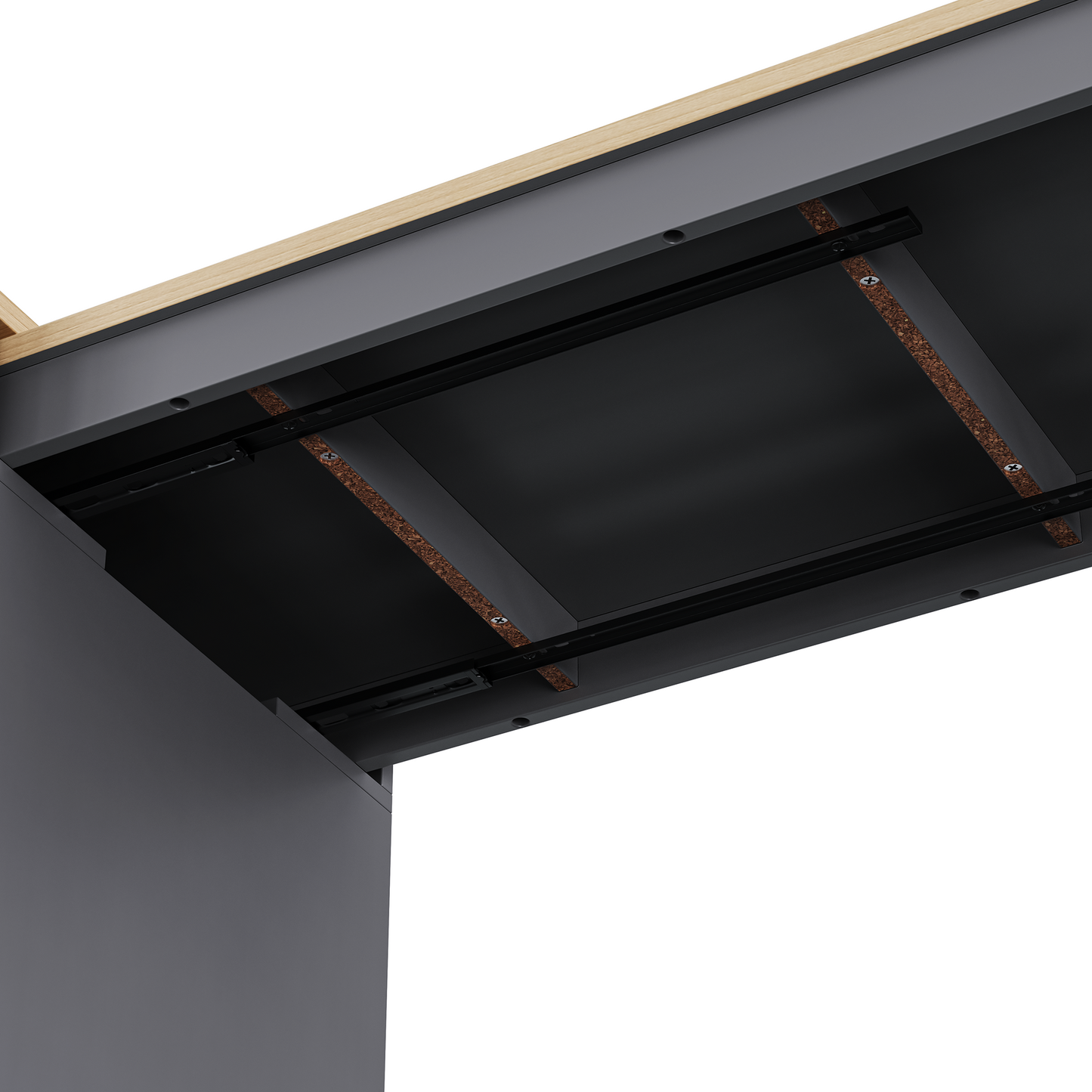 Closeup of metal drawer slides with wooden accents on dark gray cabinet base