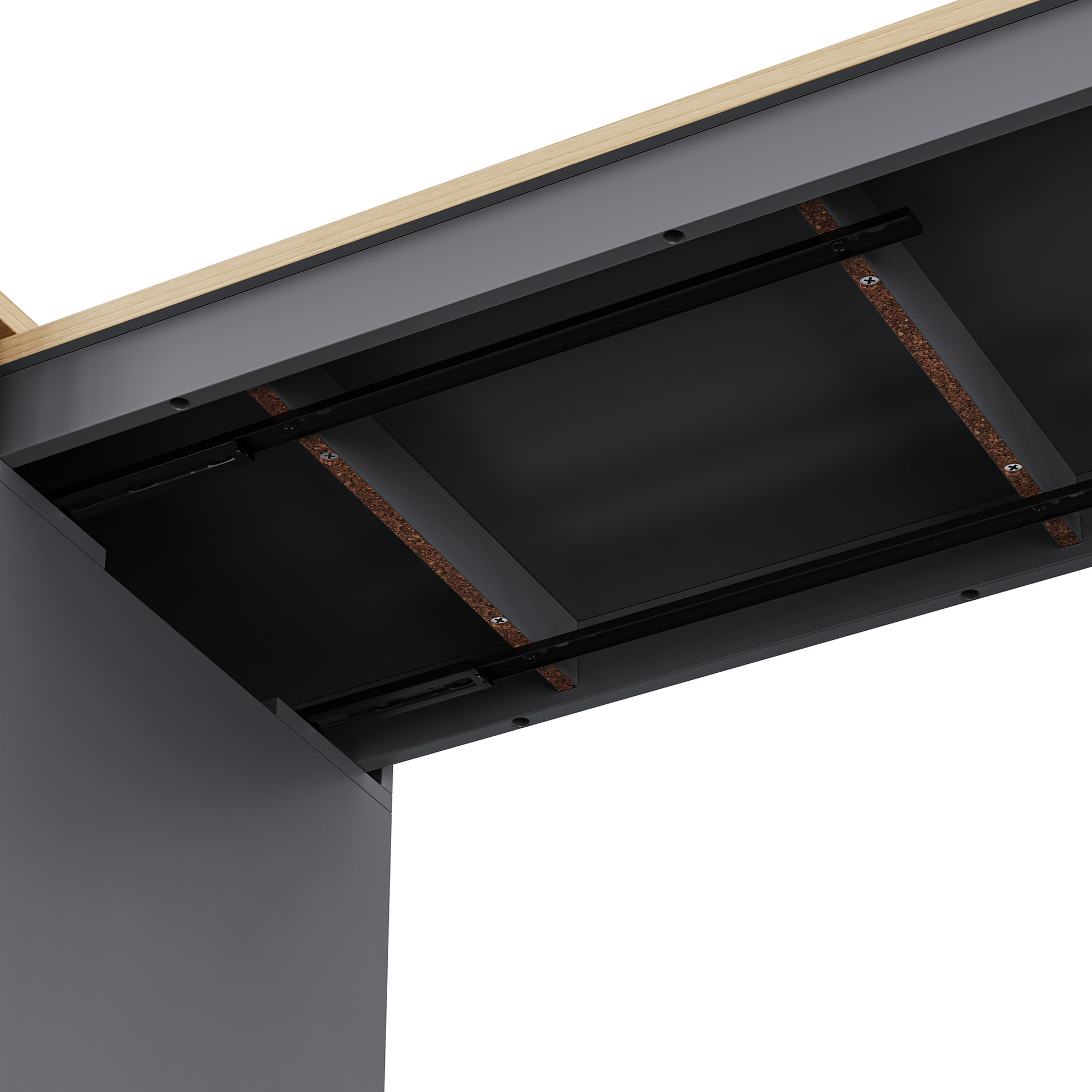 Closeup of metal drawer slides with wooden accents on dark gray cabinet base
