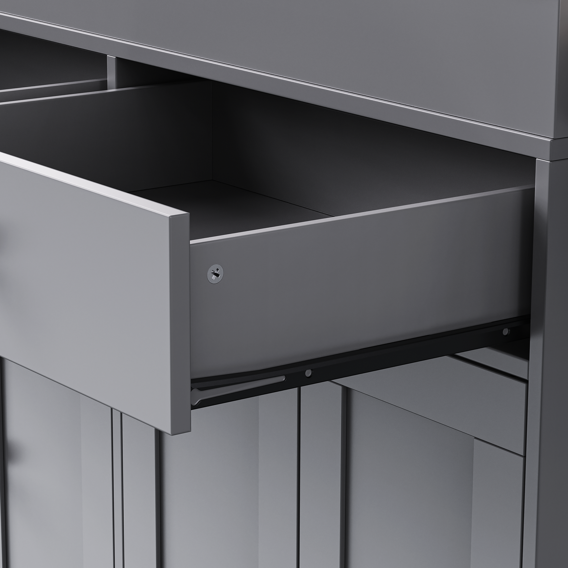 Gray metal filing cabinet drawer with smooth gliding mechanism
