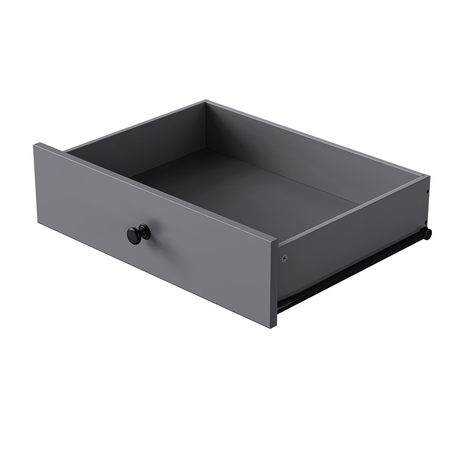 Grey modern drawer with a black knob ideal for bedroom furniture