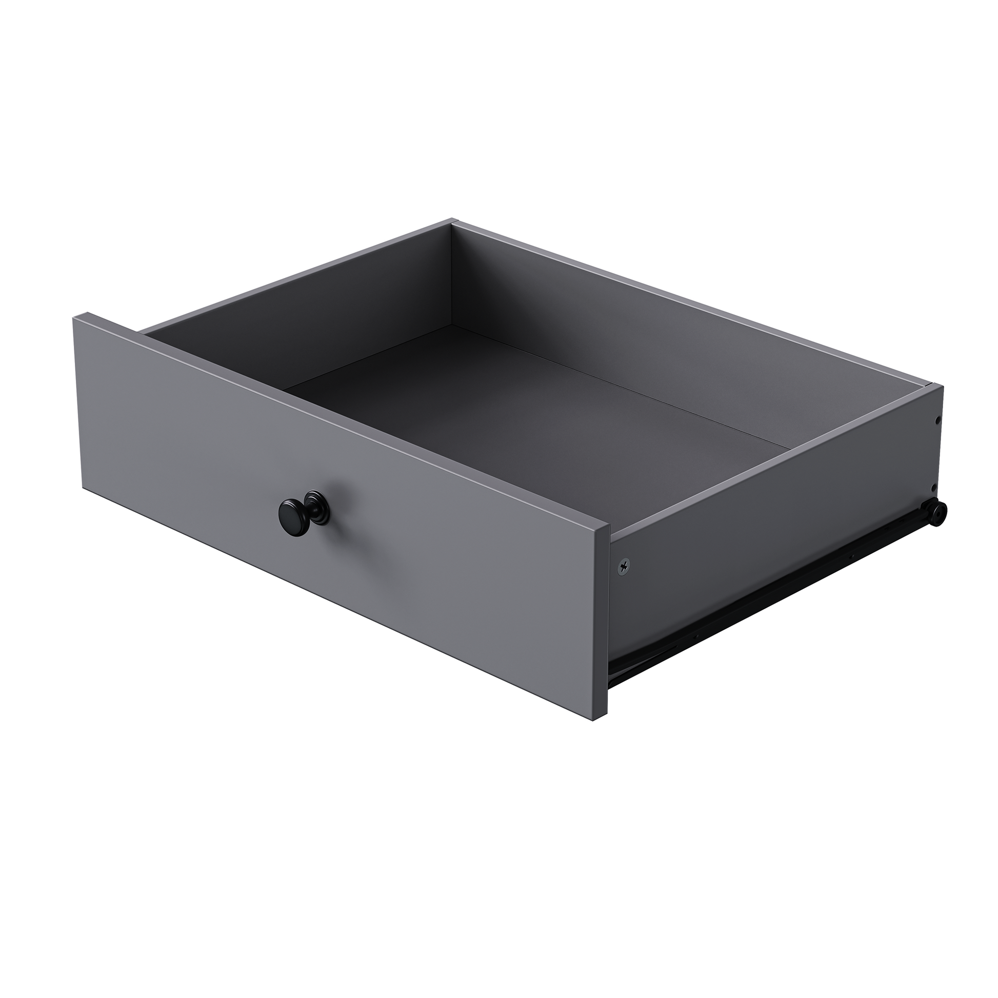 Grey modern drawer with a black knob ideal for bedroom furniture