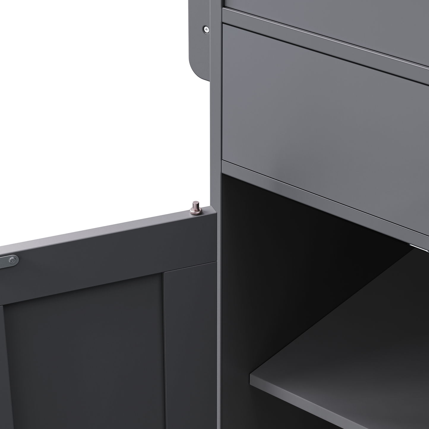 Closeup of a dark gray metal cabinet door hinge with visible screw detail
