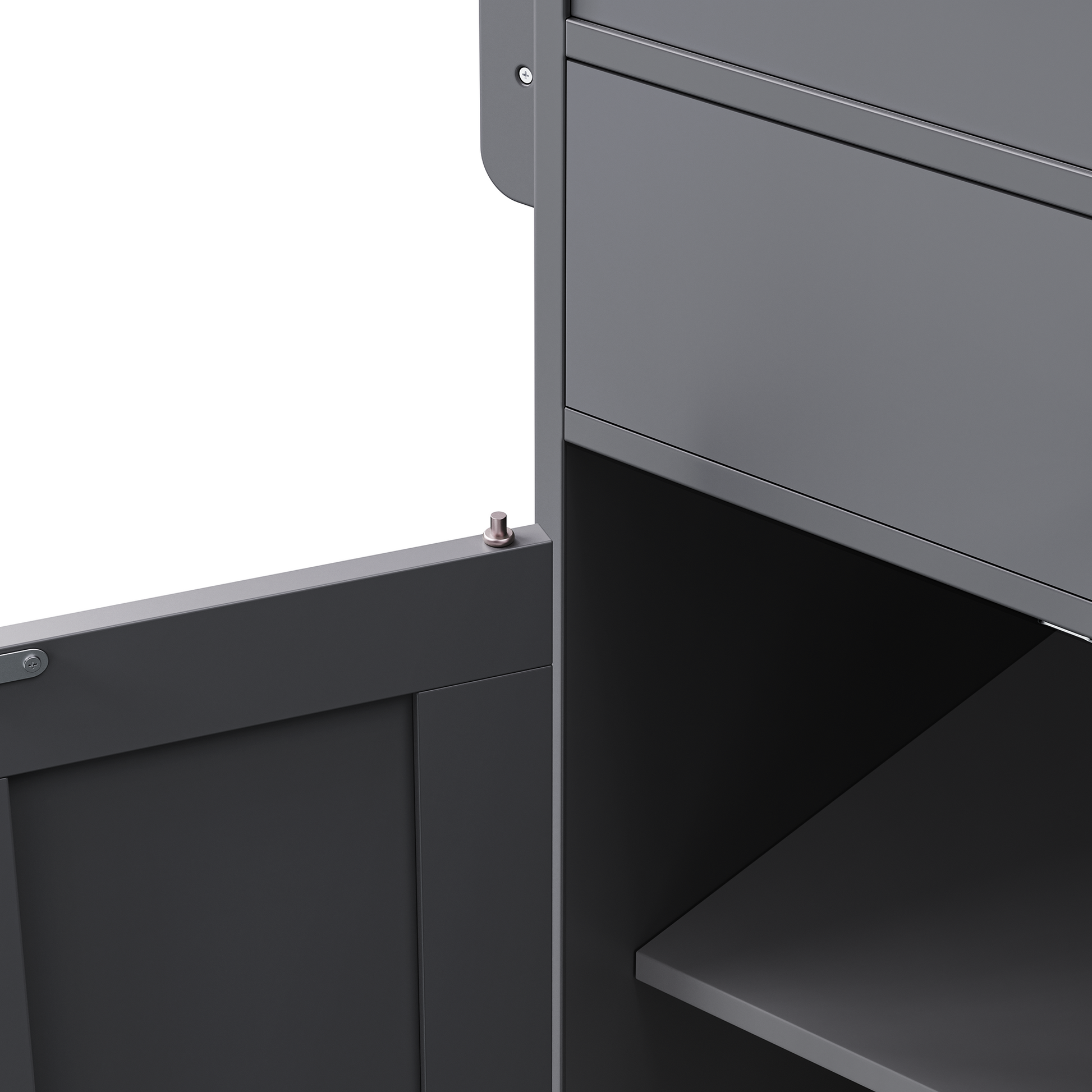 Closeup of a dark gray metal cabinet door hinge with visible screw detail
