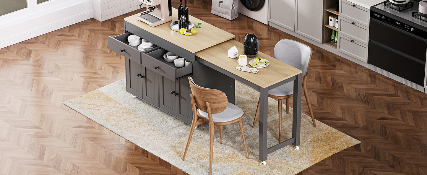 Gray kitchen island cart with butcher block top storage drawers and cabinets