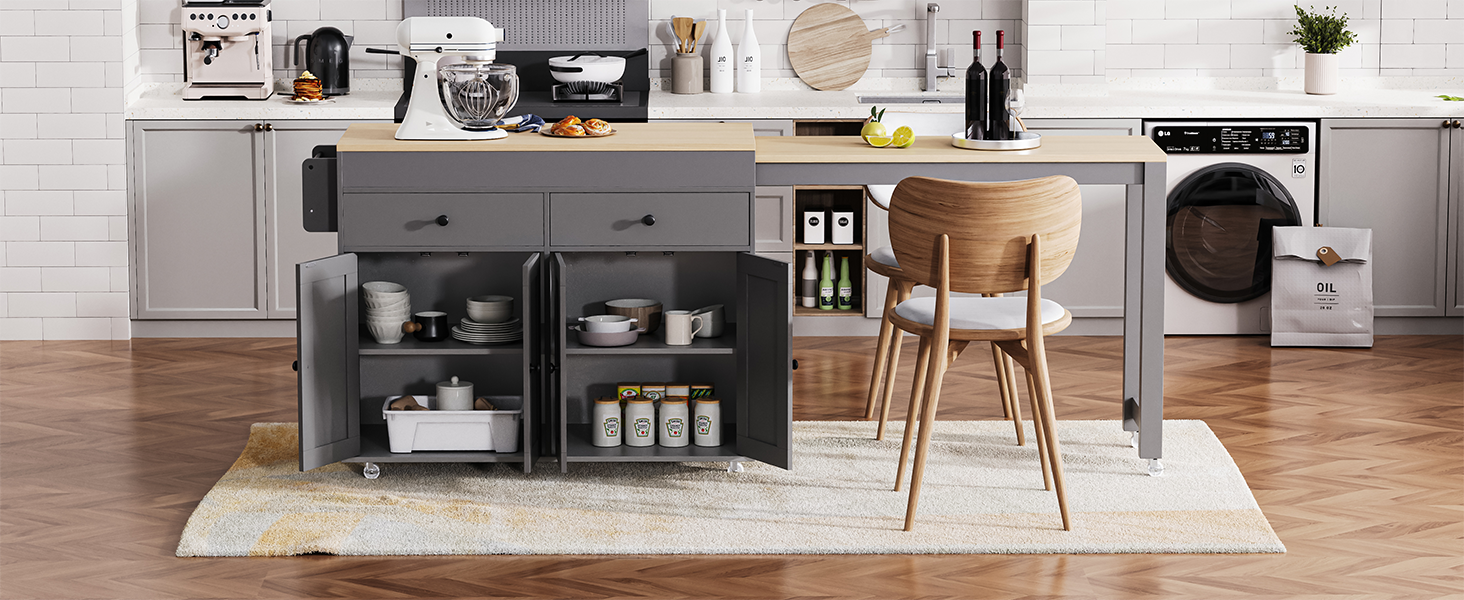 Grey kitchen island cart with open storage shelves displaying white bowls plates and jars