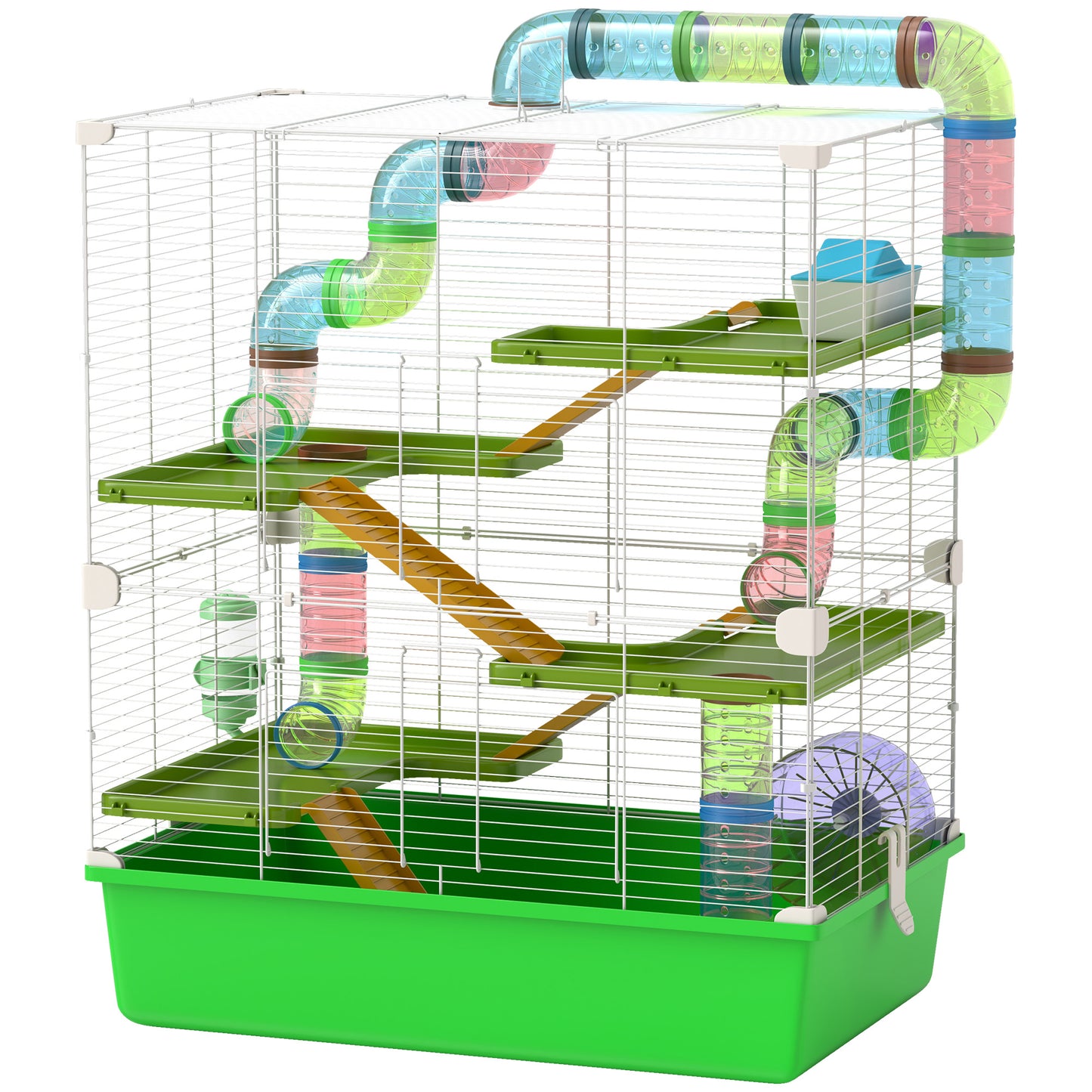 Multilevel hamster cage with tubes ramps and wheels white wire frame green base