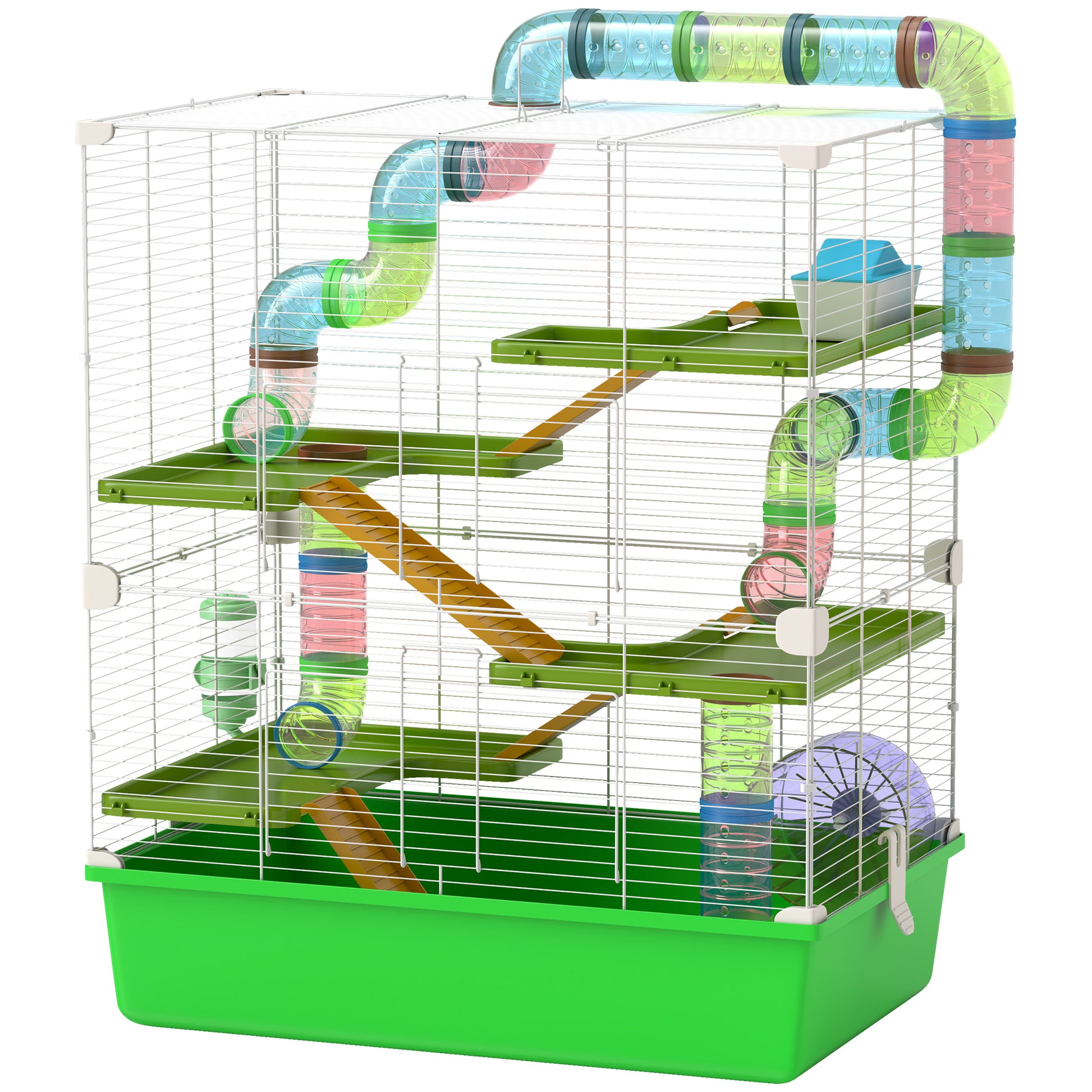 Multilevel hamster cage with tubes ramps and wheels white wire frame green base